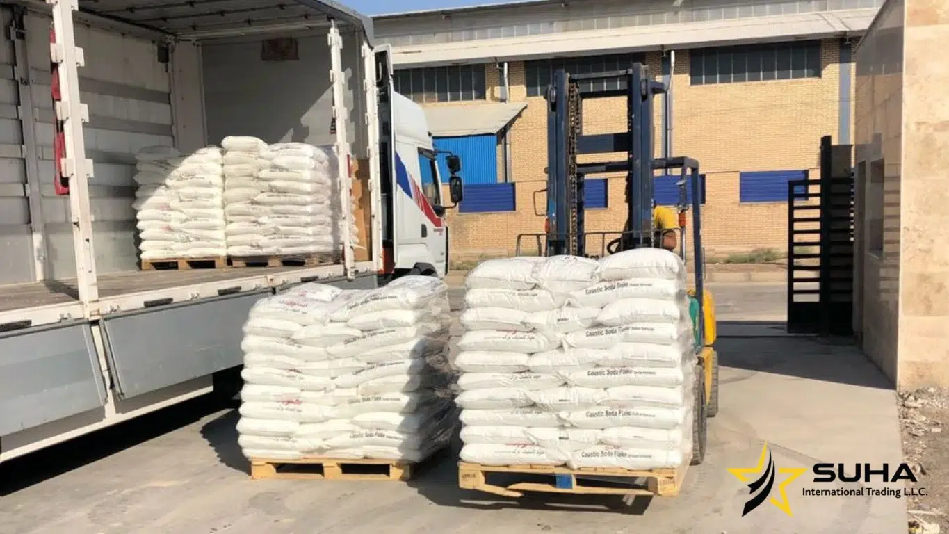 Caustic soda supplier South Africa: 1 MT jumbo bags of sodium hydroxide flakes loaded on a truck for bulk delivery