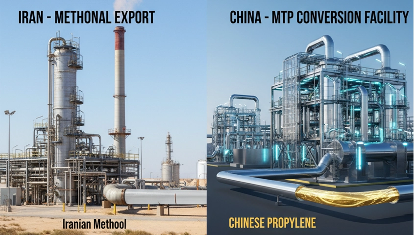 Flowchart showing Iran methanol exports converted into high-value propylene via MTP.