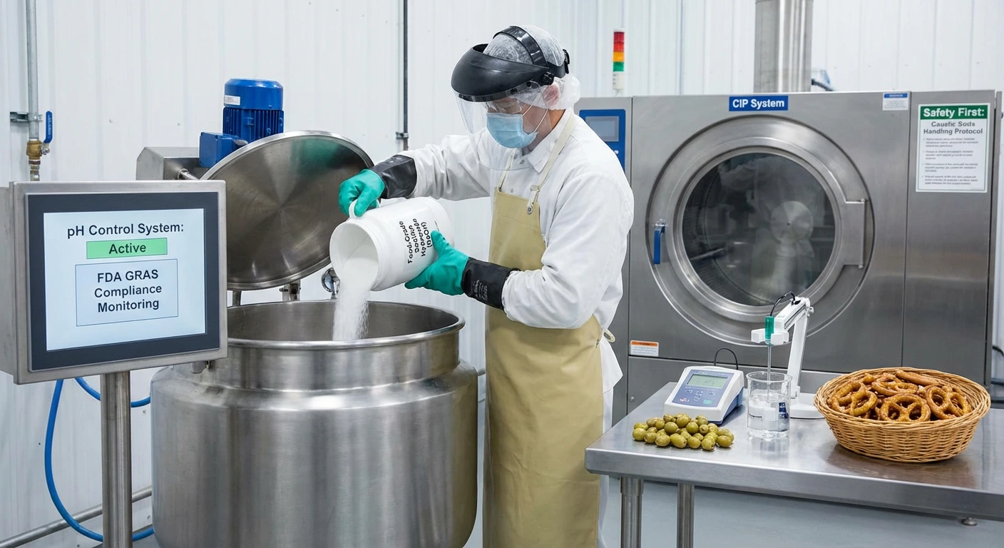 A collage illustrating the role of caustic soda in food production, featuring glossy pretzels, cured olives, and a beaker to represent food science and safety.