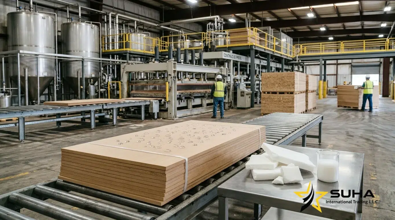 Paraffin wax emulsion for MDF: water beading on sized MDF panels beside paraffin wax slabs and emulsion in a panel plant