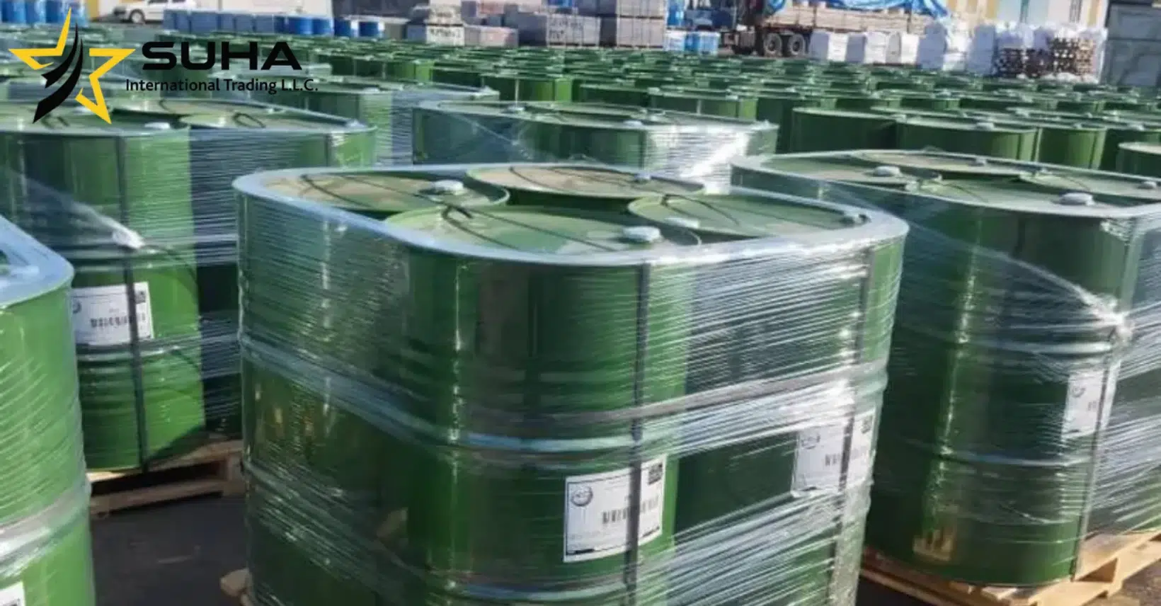 Triethylene glycol supplier shipment: TEG in steel drums palletised for container loading