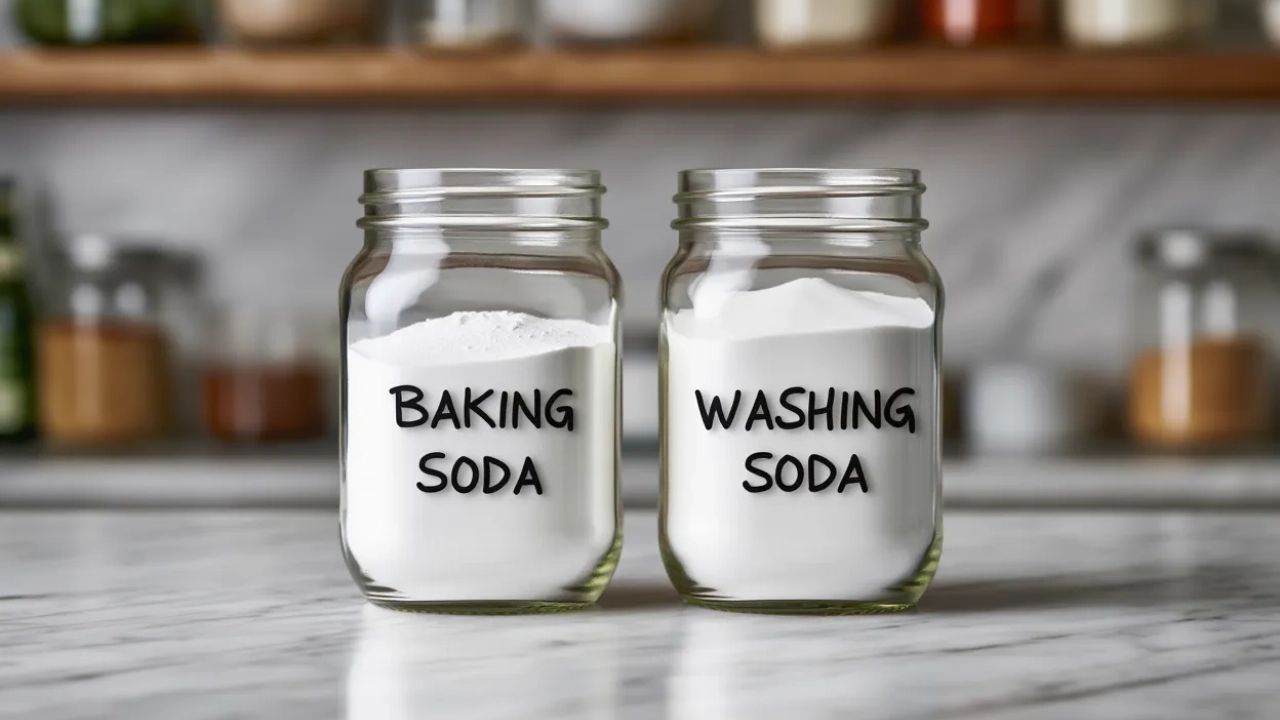 New Project – 2025-10-28T230628.230 Side-by-side comparison of Baking Soda and Washing Soda in a single glass dish, showing the fine white powder of baking soda versus the coarse crystals of washing soda, clearly labeled on a kitchen counter.