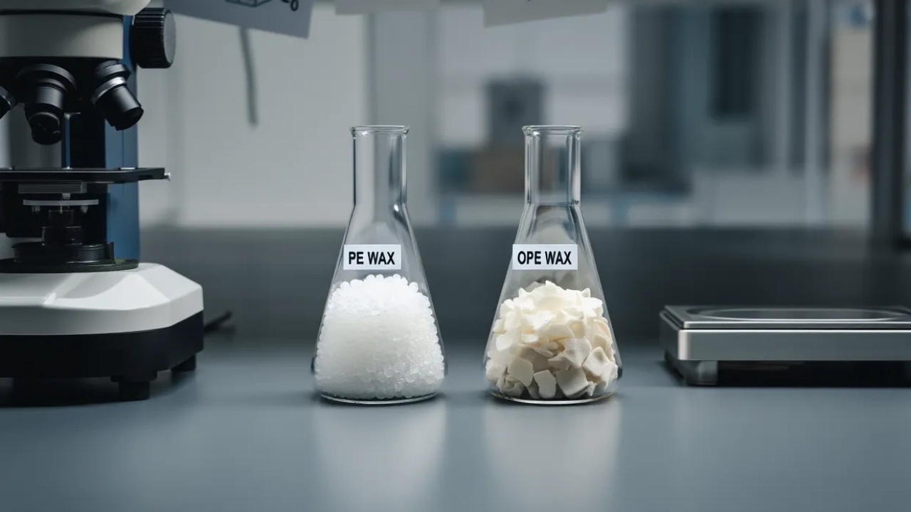 PE Wax vs OPE Wax Comparison of PE Wax vs OPE Wax in labeled glass beakers in a laboratory setting, showing their different textures as polymer additives.