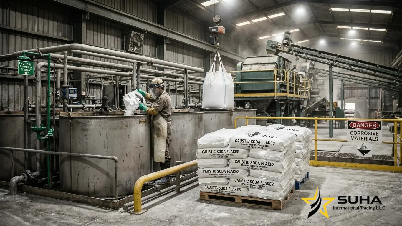 Caustic soda (sodium hydroxide) bags beside reagent dissolving tanks in a mineral processing plant