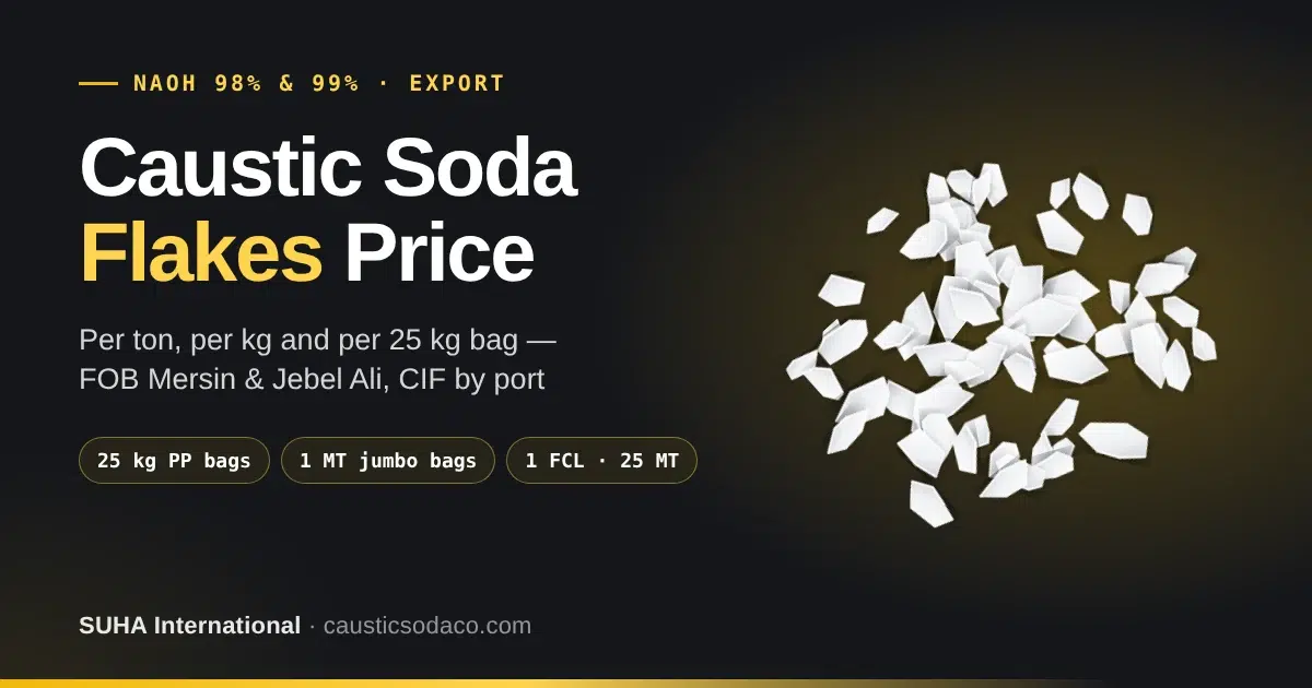 Caustic soda flakes price – NaOH 98% and 99% flakes in 25 kg bags and 1 MT jumbo bags