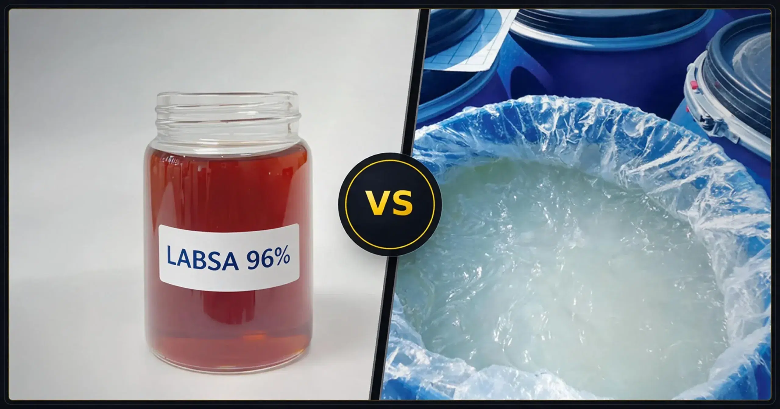 LABSA VS SLES Split comparison of LABSA and SLES: amber LABSA acid slurry in a glass jar beside white SLES 70% paste in a lined blue drum