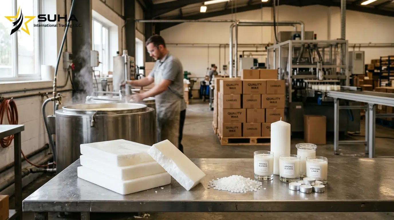 Paraffin wax for candles: fully refined white wax slabs, pellets and finished candles in a candle factory